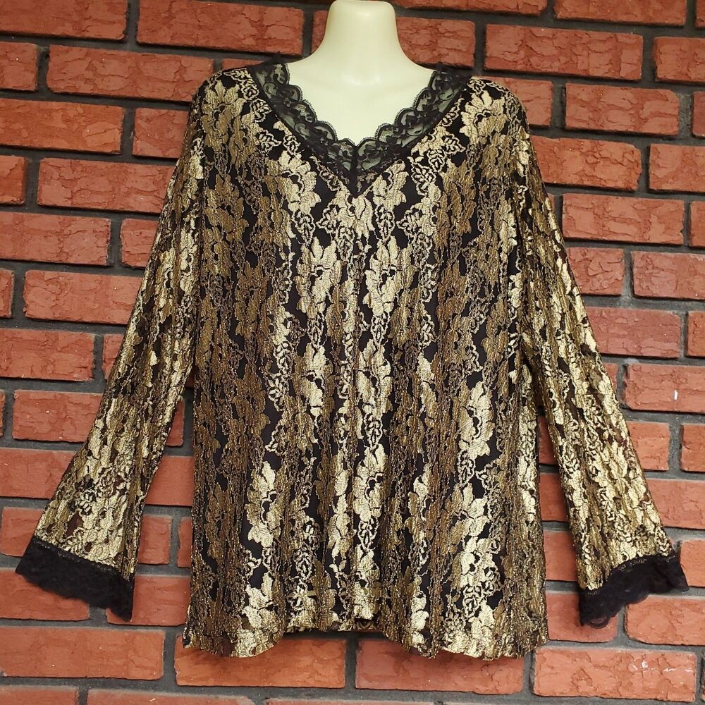Vintage Y2K 2000s Gold Black Lace Top Kathy Ireland Plus Size 1X Goth Whimsigoth